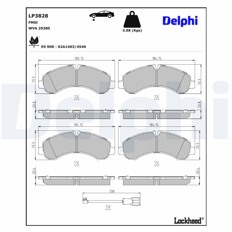 LP3828 DELPHI Kit pastiglie freno, Freno a disco Kit pastiglie freno, Freno di stazionamento a disco 