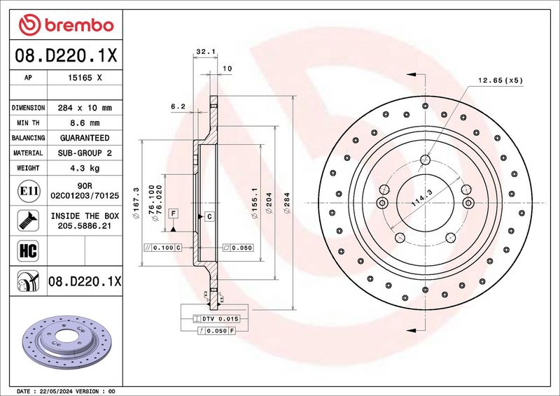 08.D220.1X BREMBO Disco freno 