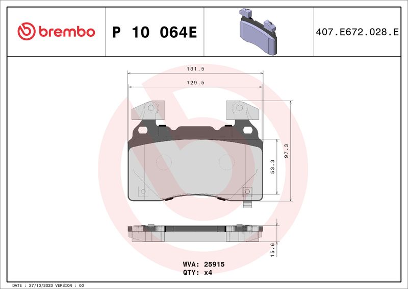 P10064E BREMBO Kit pastiglie freno, Freno a disco 
