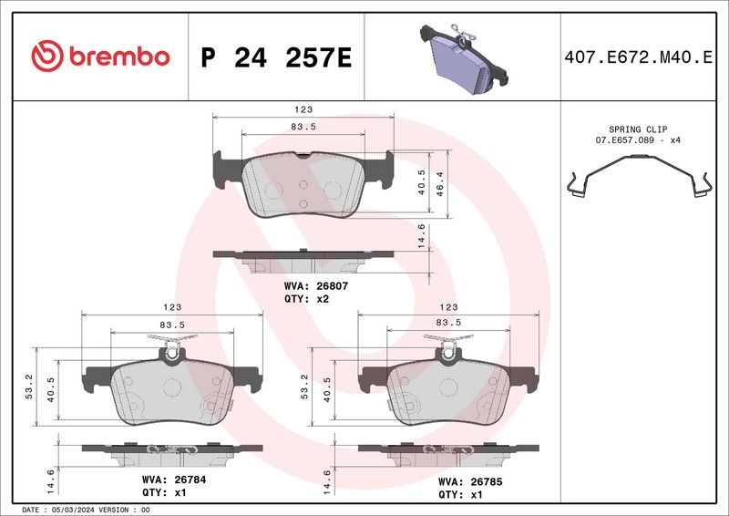 P24257E BREMBO Kit pastiglie freno, Freno a disco 