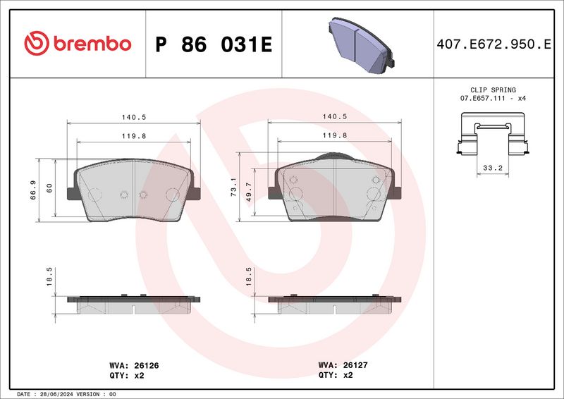 P86031E BREMBO Kit pastiglie freno, Freno a disco 