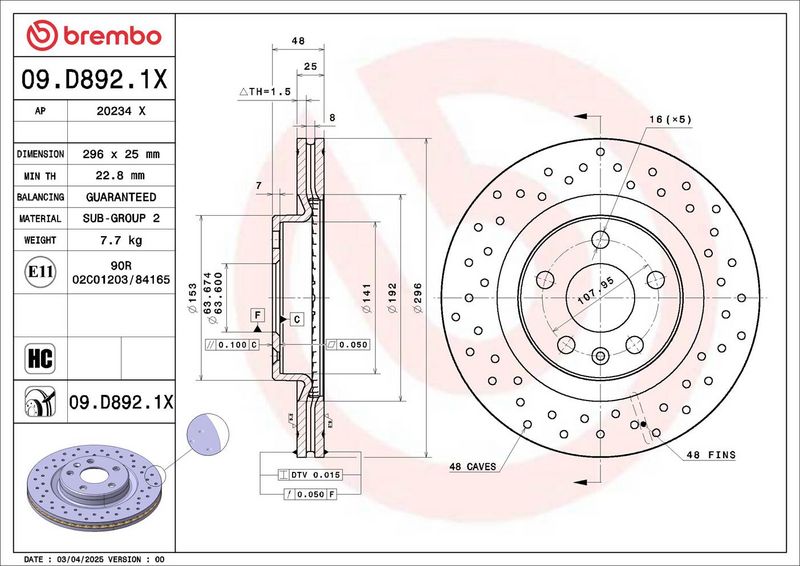 09.D892.1X BREMBO Disco freno 