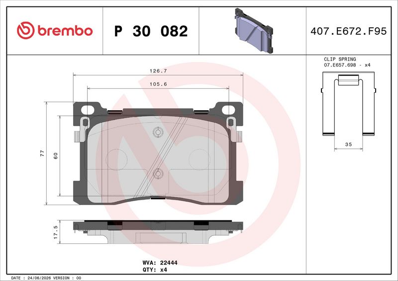 P30082 BREMBO Kit pastiglie freno, Freno a disco 