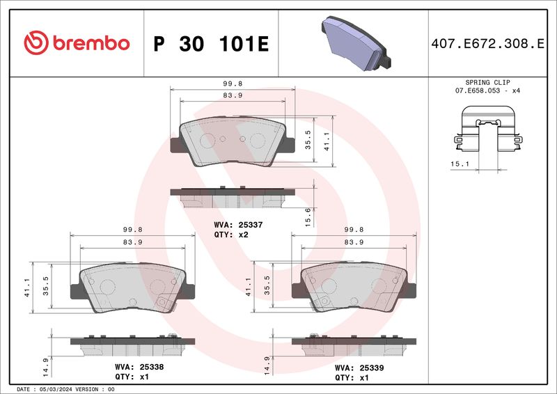 P30101E BREMBO Kit pastiglie freno, Freno a disco 