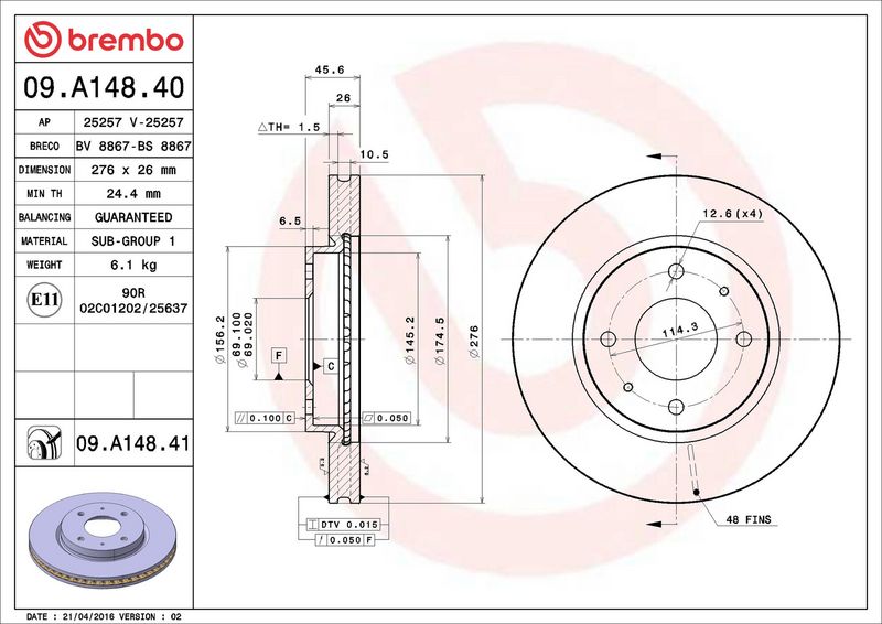 09.A148.41 BREMBO Disco freno 