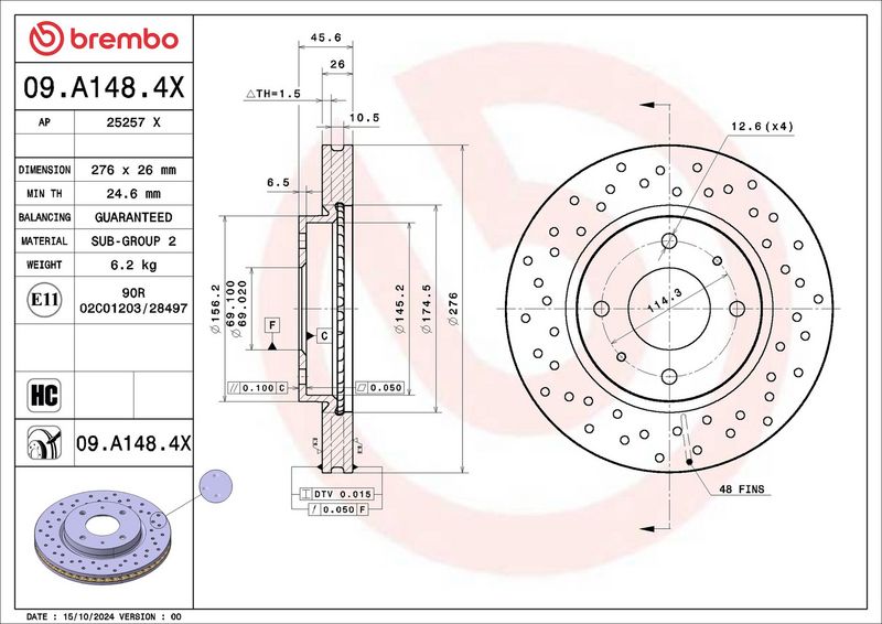 09.A148.4X BREMBO Disco freno 